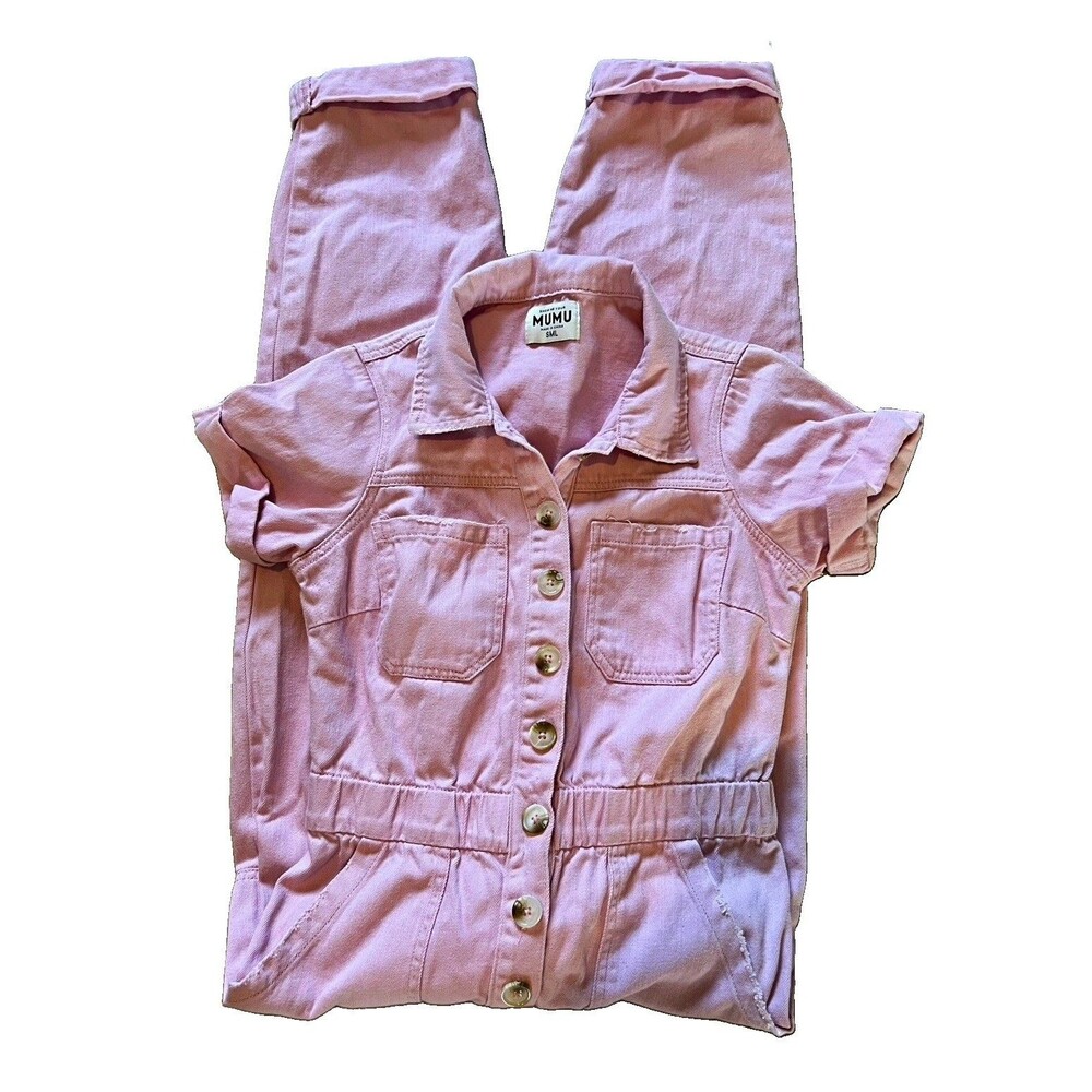 Show Me Your MuMu Cannon Pink Denim Jumpsuit S/M Button Front Pockets 23in boho